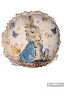 Peter Rabbit Beatrix Potter Decorative Round Throw Pillow 16 in W/Fringe